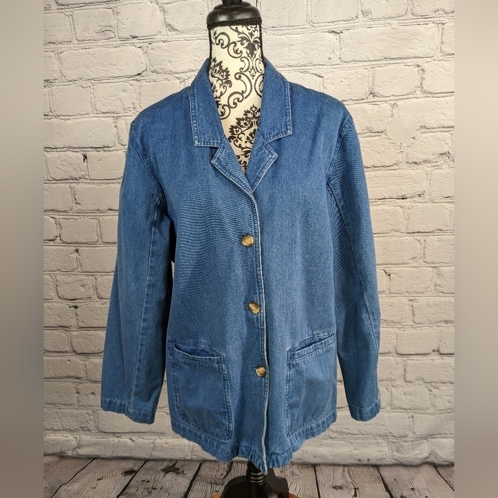 Appleseed's women's long sleeve button front blue jean jacket sz 14 pockets bb13